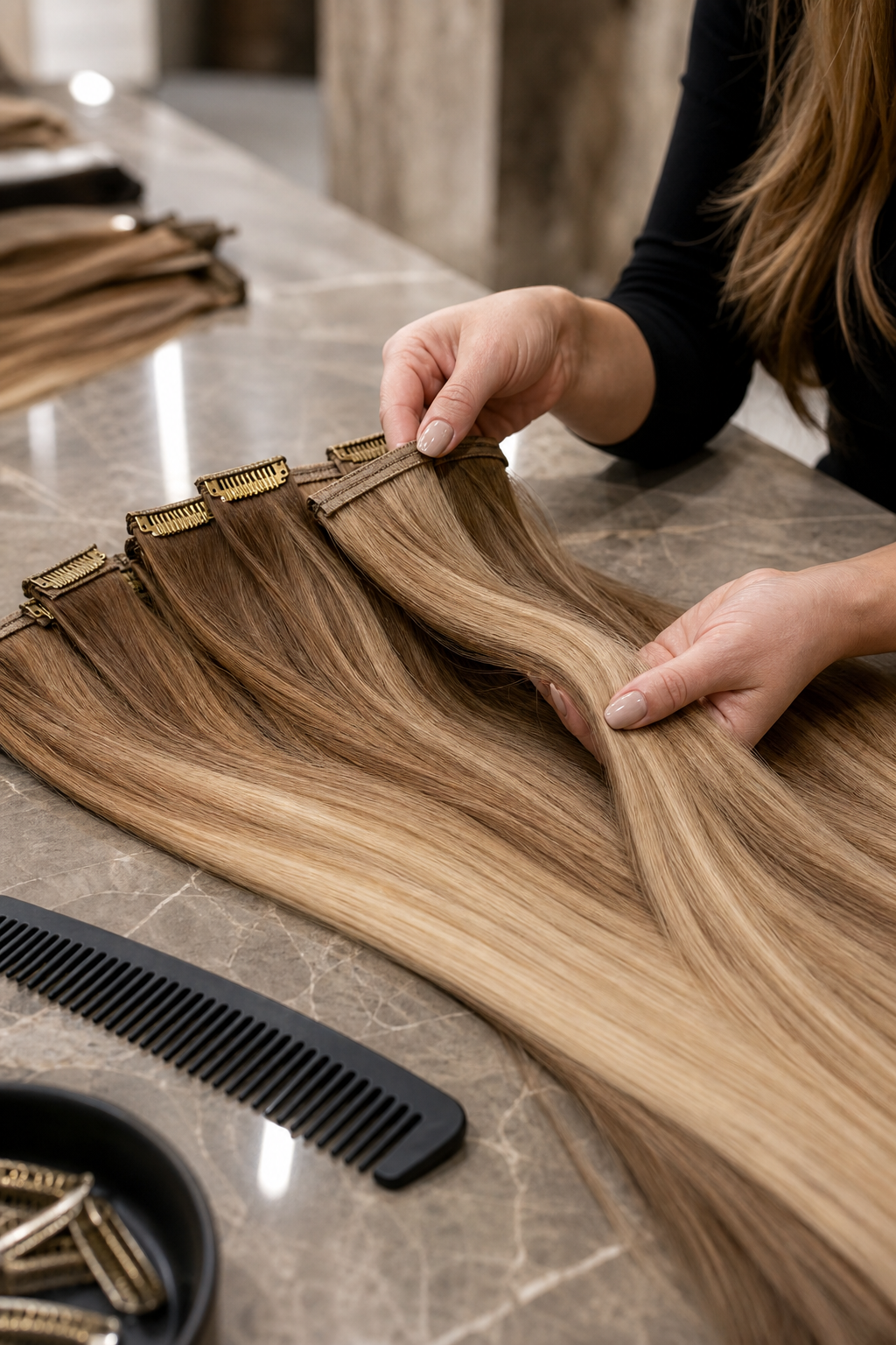 Stylist matching premium hair extensions in a luxury salon