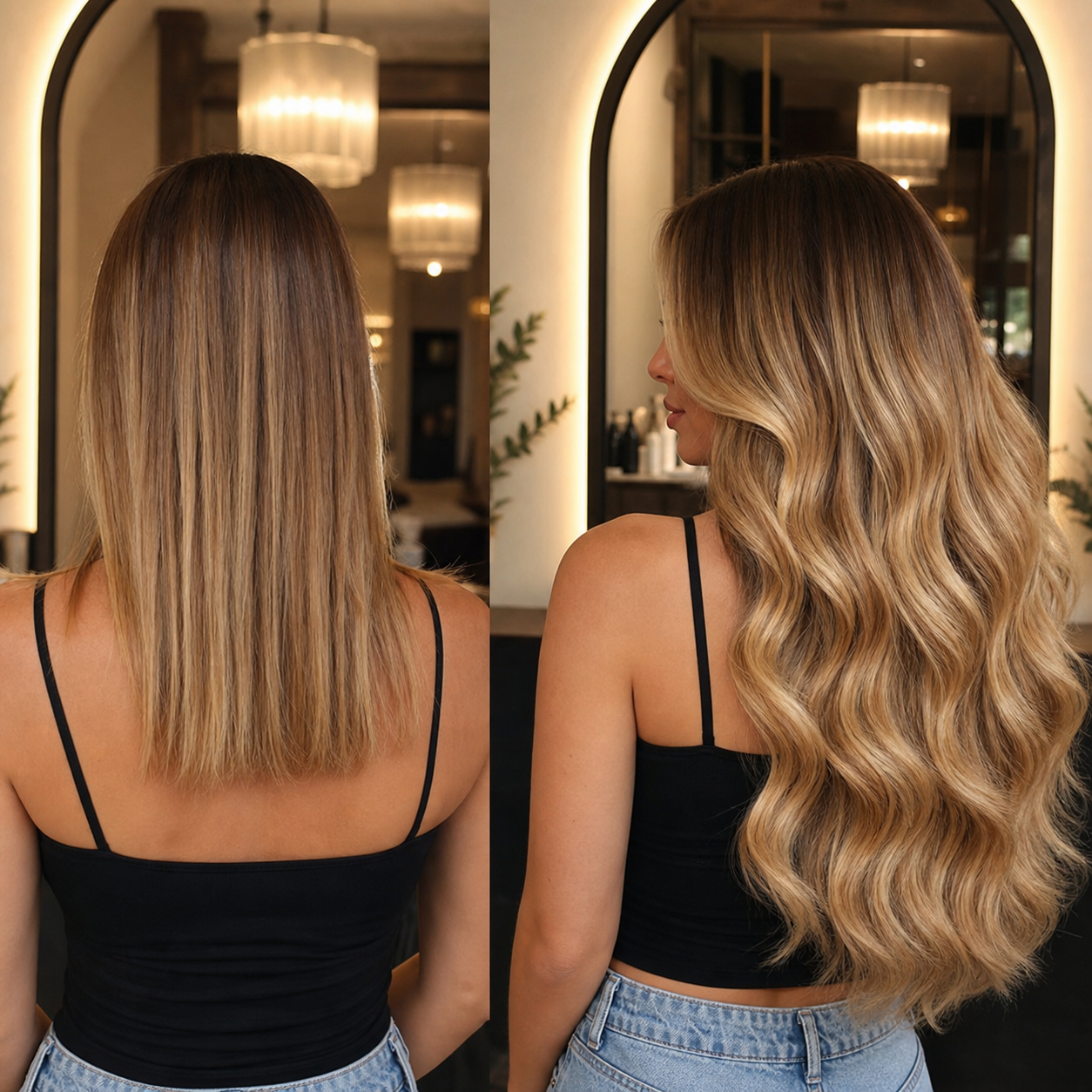 Finished honey blonde hair extension reveal in salon mirror