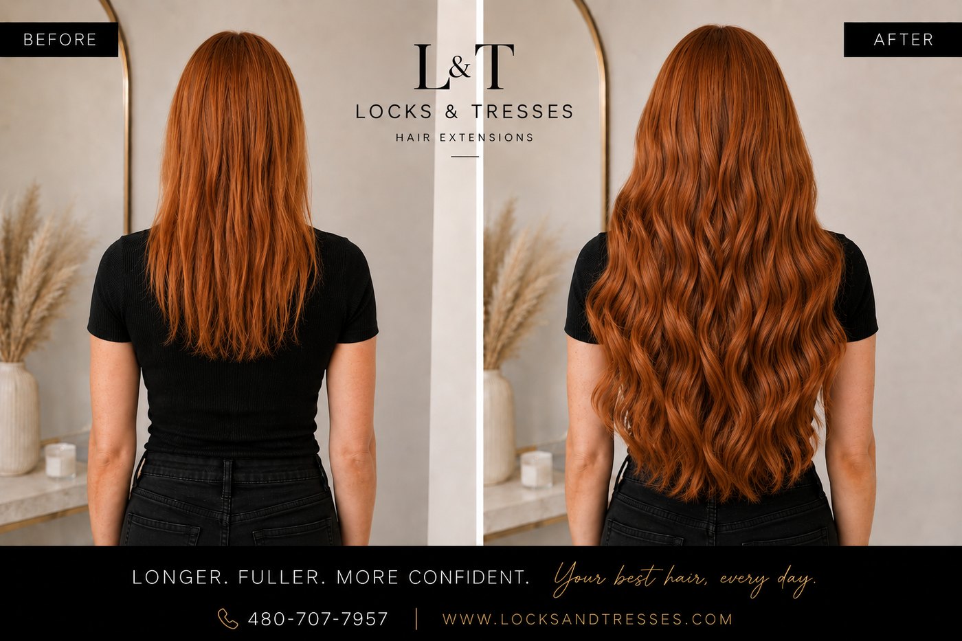 Copper hair extension before and after transformation