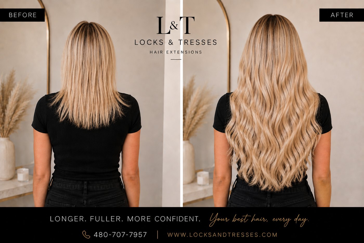 Blonde hair extension before and after transformation