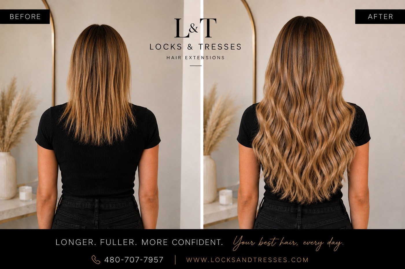 Dimensional brunette hair extension before and after transformation