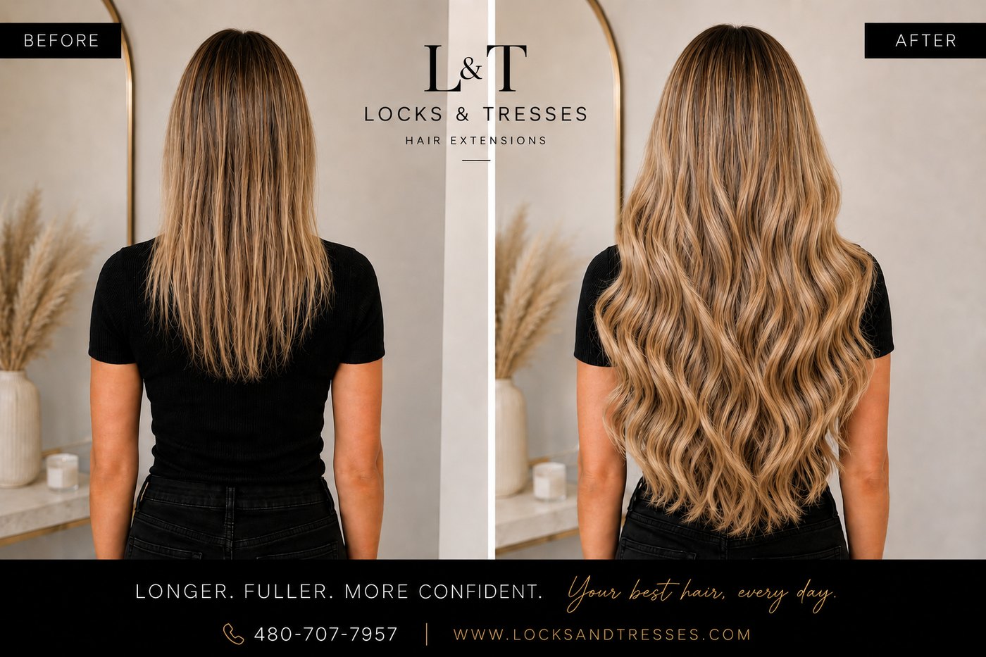 Dimensional blonde hair extension before and after transformation